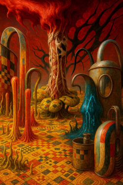 Auf einem gekachelten Boden aus bunten Mustern stehen schmelzende Säulen, bauchige Gefäße und ein baumartiges Gebilde, das aus verdrehten Fasern besteht. Die roten Wolken über der Szene formen sich zu organisch wirkenden Wirbeln. Leuchtende Wurzeln breiten sich über den Boden aus wie Fäden eines Teppichs. Die gesamte Komposition wirkt wie ein lebendes, atmendes Kunstwerk.