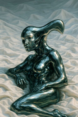 Eine humanoide Figur aus spiegelndem Metall sitzt auf einer weichen, drapierten Fläche. Ihr Körper wirkt organisch, doch zugleich maschinell, als ob er ständig im Fluss wäre. Die langen, geformten Linien ihres Kopfes deuten auf eine fremdartige Spezies. Das Umfeld ist ruhig, fast traumhaft, und lässt die Figur wie eine lebendige Skulptur erscheinen.