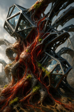 Ein wucherndes organisches Gebilde aus Fleisch, Moos und glühenden roten Rissen verschmilzt mit geometrischen Metallstrukturen. Die Glasflächen der Konstruktion spiegeln den Himmel und wirken wie die Augen eines fremden Organismus. Das Wurzelwerk scheint zu pulsieren, als würde es Energie transportieren. Die Kombination aus organischen und technischen Formen erzeugt ein Gefühl lebendiger Architektur. Die Szene wirkt wie ein Gebäude, das atmet.