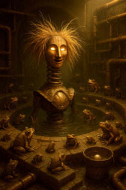 In einem unterirdischen Raum voller Rohre sitzt eine hölzerne, leuchtäugige Figur in einem runden Wasserbassin. Frösche haben sich ringsum versammelt, als lauschten sie einer stummen Predigt. Das warme, goldene Licht taucht die Szene in ein geheimnisvolles Leuchten, das metallische und organische Oberflächen betont. Das Bild wirkt wie ein Märchen aus einem vergessenen Maschinenreich.