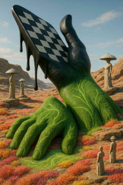 Eine gigantische grüne Hand, überzogen mit moosigen Strukturen und leuchtenden Adern, streckt eine schwarz-weiße Schachfläche in den Himmel. Tropfenhaften Formen hängen vom Brett herab wie schmelzende Zeit. Um die Hand stehen steinerne Figuren in archaischer Ruhe. Die farbige, organische Ebene verstärkt den Eindruck eines lebenden Schachorakels.