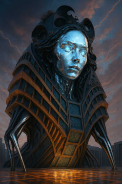 Eine gigantische, humanoide Gestalt aus glänzendem Metall erhebt sich wie ein Tempel zwischen den Wolken. Ihr Gesicht wirkt wach und zugleich entrückt, als höre sie Stimmen aus einer anderen Zeit. Die Architektur um ihren Körper erinnert an verschachtelte Kathedralen, die sich in das Licht des Himmels bohren. Warmes Abendlicht bricht über den Boden und lässt das metallische Wesen gleichzeitig majestätisch und fremd erscheinen.