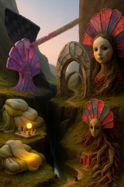 In einer grünen, canyonartigen Landschaft stehen riesenhafte Maskenwesen mit farbig gefächerten Kronen aus Stein und Wurzelwerk. Ein kleiner Pfad windet sich durch die Schluchten, vorbei an archaischen Torbögen und leuchtenden, organischen Formen. Kleine Figuren versammeln sich um eine goldene Kugel wie zu einem geheimen Ritual. Die Szene wirkt träumerisch und sakral, als würde die Natur selbst uralte Götter hervorgebracht haben.