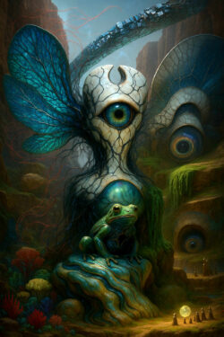 Eine hochgewachsene, organisch-steinerne Figur mit riesigem Einzelauge sitzt in einem canyonartigen Tal. Neben ihr sitzt ein grüner Frosch, ebenfalls mit einer kleinen Öffnung im Körper. Hinter ihr ragen weitere Augenstrukturen aus den Felsen. Eine Gruppe kleiner Gestalten versammelt sich um eine leuchtende Kugel, die wie eine Quelle mystischer Energie strahlt.