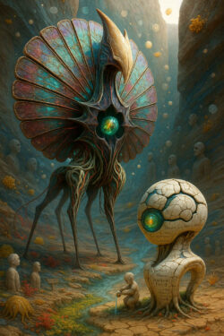 In einem sanft beleuchteten Canyon erhebt sich ein hohes, vogelähnliches Wesen mit schillerndem Fächer aus farbigen Steinadern. Sein zentrales Auge funkelt wie eine kleine Welt inmitten eines organischen Brustkorbs. Steinfiguren stehen still entlang der Schlucht, während seltsame Pflanzen und schwebende goldene Partikel die Luft erfüllen. Ein Kind spielt an einer Wasserquelle unter einem zweiten, kugelköpfigen Wesen.