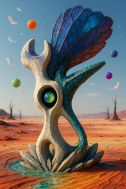 In einer wüstenhaften Umgebung steht ein skulpturales Gebilde, das an eine Mischung aus Werkzeug, Pflanze und Insekt erinnert. Farbig schimmernde Flügel breiten sich nach oben aus, während ein kugelförmiger Kern im Inneren leuchtet. Um das Objekt schweben bunte Sphären in der klaren Luft. Der trockene Boden zeigt Spuren einstigen Wassers in türkisfarbenen Adern.