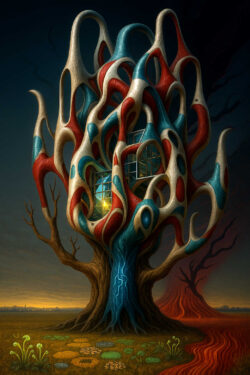 Ein gewaltiger Baum trägt eine organisch verschlungene Struktur aus rot-blau-weißen, hohlen Formen, die wie lebendige Architektur erscheinen. Hinter den Öffnungen leuchten kleine Kammern mit warmem Licht. Der Boden darunter zeigt Muster aus Moosen und kreisförmigen Pflanzen. Im Hintergrund zieht ein rot glühender Weg in die Ferne. Das Bild wirkt wie ein Hybrid aus Natur, Skulptur und fremdartigem Wohnraum.