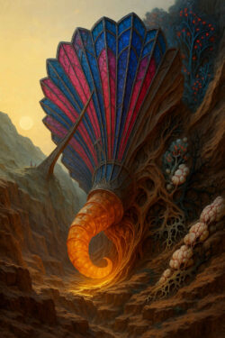 Eine hornartige, orange glühende Struktur wächst aus einem gewaltigen, fächerartigen Gebilde in Blau und Rot. Das Ganze ruht in einer Canyonlandschaft, deren braune Felsen sich warm im Licht brechen. Seltsame Wurzel- und Gewebeformen durchziehen den Boden wie verholztes Fleisch. Kleine farbige Büsche setzen Akzente in Blau und Rot. Die Szene wirkt wie ein magisches Tor zwischen Erde und Himmelston.