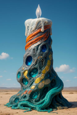 Eine riesige Kerze mit organisch gewachsenen Mustern steht mitten in einer kargen Wüste unter klarem Himmel. Farbige, gläserne Einschlüsse leuchten in Blau und Gold aus dem wachsartigen Körper. Schlüsselöffnungen und spiralige Formen wirken wie Symbole eines verlorenen Codes. Die brennende Flamme verleiht dem stillen Gebilde eine unerwartete Anmut.