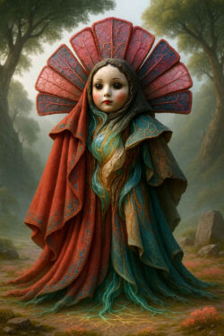 Eine zierliche, puppenhafte Figur steht in einem dichten Wald und trägt ein Gewand aus roten und türkisfarbenen, gefiederten Stoffbahnen. Hinter ihrem Kopf breitet sich ein ornamentaler Fächer aus, der wie ein Teil eines Baumes oder einer Blume wirkt. Ihr Blick ist ruhig und geheimnisvoll, als gehöre sie zu einem alten Volksstamm der Naturgeister. Verwobene Wurzeln fließen aus ihrem Kleid in den Boden hinein.