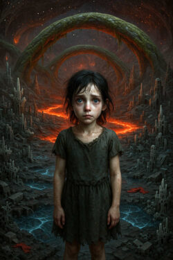 Ein trauriges Mädchen mit zerzausten Haaren steht in einer fantastischen, höhlenartigen Landschaft. Hinter ihr glühen lavahafte Flüsse, und moosüberwachsene Steinbögen wölben sich über den Weg. Der Boden besteht aus zerklüfteten, strukturierten Formationen, die wie verfallene Städte wirken. Die Stimmung ist düster und apokalyptisch, doch das Kind bildet den stillen Mittelpunkt.