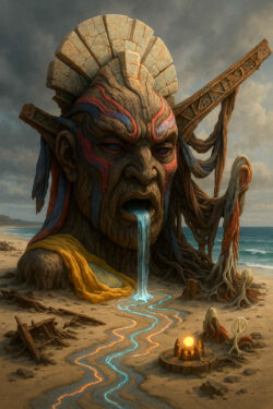 Ein riesiger Kopf mit bemalten Linien und steinernen Texturen sitzt halb vergraben am Strand. Aus seinem Mund ergießt sich ein dünner Wasserstrom, der in leuchtenden Farben über den Sand fließt. Um ihn herum liegen zerfallene Strukturen wie Relikte vergessener Kulturen. Kleine Gestalten versammeln sich um eine glühende Kugel am Ufer. Der Himmel verstärkt die Stimmung eines melancholischen Endzeitmythos.