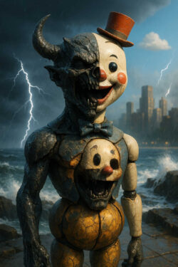 Eine groteske Figur steht vor einer stürmischen Meereskulisse, halb Clown, halb Dämon, mit gespaltenem Gesicht und rissiger, steinartiger Haut. Blitzlichter erhellen die dunklen Wolken, während im Hintergrund die Silhouette einer Stadt auftaucht. Die Kreatur wirkt zugleich verspielt und furchterregend. Ihr breites, unheimliches Grinsen verstärkt die bedrohliche Stimmung der Szenerie.