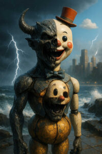 Eine groteske Figur steht vor einer stürmischen Meereskulisse, halb Clown, halb Dämon, mit gespaltenem Gesicht und rissiger, steinartiger Haut. Blitzlichter erhellen die dunklen Wolken, während im Hintergrund die Silhouette einer Stadt auftaucht. Die Kreatur wirkt zugleich verspielt und furchterregend. Ihr breites, unheimliches Grinsen verstärkt die bedrohliche Stimmung der Szenerie.