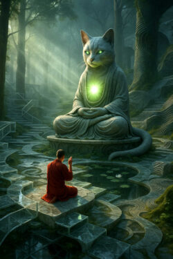 Ein Mönch kniet vor einer riesigen Katzenstatue, die in meditierender Haltung sitzt und ein grünes, strahlendes Licht im Brustbereich trägt. Sonnenstrahlen fallen durch den nebligen Wald und beleuchten die geometrischen Steinpfade rund um einen kleinen Teich. Die Szene wirkt friedlich und mystisch zugleich und vermittelt eine Atmosphäre tiefer Einkehr. Die Katze scheint übernatürlich wachsam und spirituell aufgeladen.