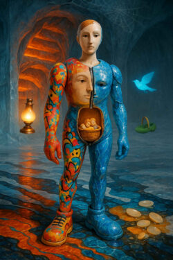 Eine bunt bemalte, puppenartige Gestalt steht in einer eisigen Höhlenhalle. Eine Hälfte ihres Körpers ist farbenfroh gemustert, die andere wirkt steinblau und glatt. Ihr Oberkörper ist aufgezippt und enthüllt einen Korb mit drei kleinen Figuren. Neben ihr schwebt eine Lampe, während ein blauer Vogel im Raum erscheint. Die Umgebung aus Wasserpfützen und Lichtreflexen erzeugt eine Atmosphäre zwischen Traum und Mechanik.