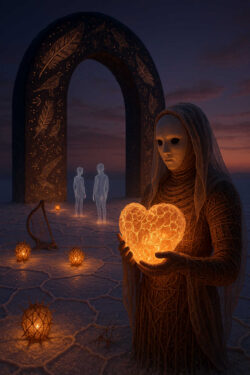 Eine Gestalt in gewebten Stoffen hält ein hell glühendes, herzförmiges Objekt. Im Hintergrund steht ein ornamentales Tor, durch das zwei geisterhafte Figuren schreiten. Leuchtende Kugeln liegen verteilt auf dem Boden und erhellen die Szenerie. Der Himmel ist dunkelblau und verleiht der Szene eine mystische Ruhe.