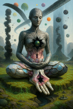 Ein steinartig wirkendes Wesen sitzt in tiefer Meditation, sein Körper aus polygonalen Platten und rissigen Strukturen zusammengesetzt. Im Brustzentrum ruht eine leuchtende Erdkugel, die von einer sternförmigen Öffnung umgeben ist. Hinter der Figur schweben farbige Sphären und kosmische Fragmente. Die Landschaft ist grün, von Adern durchzogen und wirkt wie eine Mischung aus Tal, Labyrinth und kosmischer Bühne.