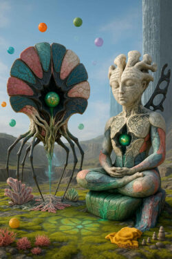 Eine sitzende Figur mit steinartiger Haut und filigranen Mustern meditiert mit einem leuchtenden Kern in der Brust. Neben ihr steht ein fremdartiges Wesen mit langen Wurzeltentakeln und farbiger Fächerkrone, aus dessen Innerem grüne Energie tropft. Schwebende Kugeln umkreisen die beiden, als wären sie Teil eines kosmischen Rituals. Die karge Landschaft verstärkt den Eindruck einer stillen, spirituellen Begegnung.