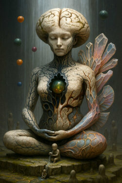 Eine sitzende, statuenhafte Gestalt mit rissigem, steinernem Körper trägt kristalline Flügel und ein leuchtendes Kugelherz. In ihrer Hirnschale sind fremdartige Schriftzeichen eingraviert. Vor ihr spielen zwei kleine Figuren mit einem Wasserstrahl in einer steinernen Umgebung. Schwebende Kugeln umgeben die meditierende Form. Die gesamte Szene wirkt wie ein kosmisches Ritual in einem vergessenen Tempel.