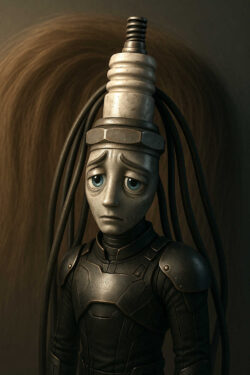 Eine humanoide Figur mit metallischem Körper und großen, traurigen Augen trägt einen Zündkerzenkopf, aus dem Kabel herabhängen. Die Rüstung wirkt funktional und schwer, während der Ausdruck fast kindlich verzweifelt erscheint. Die Beleuchtung betont die matten Metalltöne. Das Bild vereint Maschinenästhetik mit unerwarteter Verletzlichkeit.