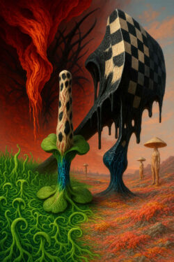 Eine hochgewachsene, schachbrettartige Struktur schmilzt wie Pech in eine leuchtend fremde Landschaft. Neben ihr wächst ein pilzähnlicher Stängel mit einer wild gemusterten Oberfläche über einem wogenden Teppich grüner Fasern. In der Ferne stehen menschenähnliche Gestalten mit pilzförmigen Köpfen. Die roten Wolken darüber scheinen zu brennen, als sei die Atmosphäre selbst in Bewegung.