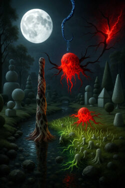 In einer nächtlichen Landschaft schweben leuchtend rote, organische Kugeln über einem stillen Bach. Baumartige Formen und skurrile Steinfiguren stehen im Hintergrund unter dem hellen Vollmond. Aus dem Wasser steigen geisterhaft grüne Fäden empor, die sich mit den schwebenden Wesen zu verbinden scheinen. Die Szene wirkt wie ein fremdartiges Ritual, eingefroren zwischen Licht und Dunkelheit.