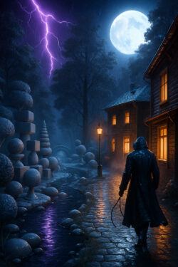 In einer regnerischen Nacht wandert eine dunkle Gestalt einen gepflasterten Weg entlang, während über ihr ein greller Blitz den Himmel spaltet. Warm leuchtende Fenster eines Holzhauses spiegeln sich im nassen Boden. Neben dem Pfad stehen surreale, geometrisch geschnittene Büsche, die die Szenerie unwirklich wirken lassen. Der Vollmond hängt groß und hell über der Szene und beleuchtet den stillen Bach, der am Weg entlangfließt.