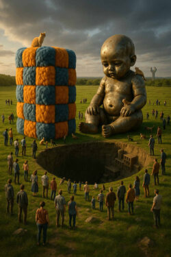 Eine riesige Babystatue sitzt auf einer Wiese, umgeben von vielen Menschen. Daneben steht ein großer, flauschiger Zylinder mit einer Katze darauf. Vor ihnen öffnet sich ein gigantischer, tiefer Schacht mit kleinen Strukturen an der Wand. Ein dramatischer Himmel verstärkt die Mystik und Unruhe der Szene.