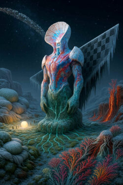 Ein massiger, humanoider Monolith mit eisiger Oberfläche und rot-blauen Adern steht unter einem sternklaren Himmel. Hinter ihm ragt eine geometrische, gefrorene Struktur wie ein zerfallener Schachflügel in die Nacht. Am Boden glimmt eine helle Kugel zwischen kleinen Stäben. Die Umgebung ist kalt, rau und von seltsamen Vegetationen gesäumt, die in warmen Farben glühen.