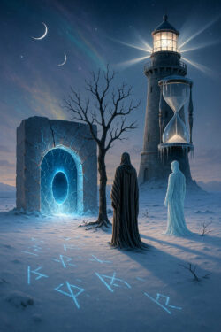 In einer verschneiten Ebene stehen ein leuchtendes Steintor, ein kahler Baum und zwei Gestalten – eine verhüllt, die andere aus Eis. Im Hintergrund erhebt sich ein Leuchtturm, neben dem eine gigantische Sanduhr hängt. Leuchtende Runen liegen im Schnee verteilt. Die Szene wirkt wie ein Moment zwischen Welten, in einer Nacht voller Magie und Stille.