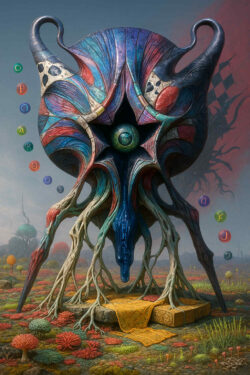 Eine gewaltige, ornamentale Kreatur mit geschwungenen Hörnern und farbig durchscheinenden Paneelen erhebt sich über einem moosigen Boden. Ein dunkles, sternförmiges Zentrum in seinem Körper hält eine grün schimmernde Sphäre. Wurzeln und Ranken stützen den Körper wie die Pfeiler einer organischen Maschine. Die Szene wirkt wie ein heiliges Orakel, umgeben von geheimnisvollen Symbolen in der Luft.