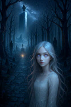 Ein Mädchen mit leuchtenden violetten Augen steht am Rand eines schmalen Weges, der durch einen nächtlichen, dunklen Wald führt. Im Hintergrund erheben sich steinerne Monolithen mit stillen Gestalten darauf. Ein sanftes Licht glüht in der Ferne und taucht den Wald in ein geheimnisvolles Blau. Über allem funkelt die Milchstraße wie ein fernes Versprechen.