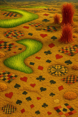 Eine wogende, gelbe Teppichlandschaft breitet sich aus, übersät mit Symbolen von Spielkarten, bunten Mosaiken und runden Mustern. Zwischen den weichen, strukturierten Flächen wachsen grasartige grüne Formen und rote Pflanzenbüschel. Die Szene erinnert an ein lebendiges Spielfeld voller Bedeutungen. Der Boden scheint zu atmen und die Muster scheinen sich leicht zu bewegen.