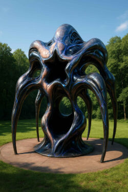 Eine mehrbeinige, skulpturartige Struktur aus dunklem, organisch gewundenem Metall steht auf einer Waldlichtung. Der Kern bildet eine sternförmige Öffnung, die wie ein Durchgang wirkt. Die Oberfläche schimmert mit bläulichen, fast elektrischen Linien. Das Tageslicht des ruhigen Waldes kontrastiert mit der fremdartigen Präsenz des Gebildes.