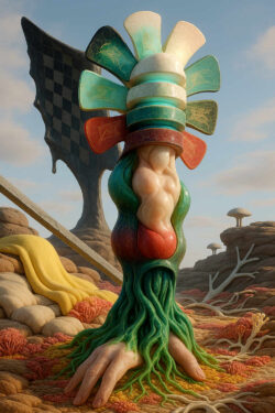 Ein organisch geformtes Gebilde erhebt sich wie ein Hybrid aus Pflanze, Skulptur und Körper. Bunte, fächerartige Elemente krönen die Konstruktion, während der untere Teil wie eine Hand im Boden wurzelt. Umgeben von weichem Terrain und korallenartigen Formen erinnert die Struktur an einen lebendigen Totem. Schattige Felsformationen stehen im Hintergrund. Das Ganze wirkt wie ein embryonaler Kultgegenstand.