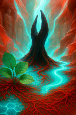 Alttext: In einer rotglühenden Felslandschaft erhebt sich eine dunkle, klauenartige Formation, aus der ein strahlender türkisfarbener Energiefluss hervorbricht. Feine rote Wurzeln schlängeln sich über den Boden und treffen auf das Licht. Im Vordergrund wächst eine kleine, grüne Pflanze, die lebendige Hoffnung verkörpert. Buddha-ähnliche Steinfiguren beobachten das Geschehen aus den Felswänden ringsum.