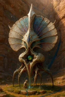 Ein gigantisches, fächerförmiges Wesen mit kristallinen Strukturen dominiert eine weite Felslandschaft. In seinem Zentrum ruht eine grün schimmernde Weltkugel, gehalten von Wurzeladern. Ein Kind kniet davor und schöpft aus einer kleinen Quelle, die direkt aus dem Boden des Wesens rinnt. Geheimnisvolle Symbole schweben durch die Luft, als wäre dies ein Ort, an dem Wissen und Natur eins werden.