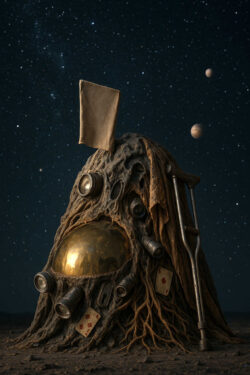 Eine bizarre, wurzelartige Struktur trägt eine goldene Kuppel und ist übersät mit Objektteilen wie Linsen, Dosen und Spielkarten. Im Hintergrund glitzert der Sternenhimmel, begleitet von mehreren fernen Planeten. Eine stützende Krücke lehnt an der Kreatur wie ein Symbol vergangener Reisen. Es entsteht der Eindruck eines verlassenen Andenkenhügels auf einer fernen Welt.