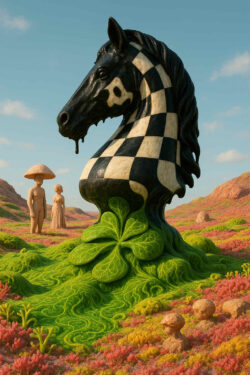 Ein gigantischer Pferdekopf im Schachbrettmuster wächst wie eine Skulptur aus einem grünen, kleeartigen Hügel. Umgeben ist er von pinken und gelben Pflanzen, die wie Korallen anmuten. Zwei steinerne Figuren mit pilzförmigen Köpfen stehen im Hintergrund und betrachten die Szenerie. Die Mischung aus botanischen Formen und surrealem Spielmotiv erzeugt eine heitere, traumhafte Stimmung.