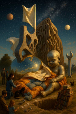 Ein monumentales steinernes Baby ruht in einer surrealen Landschaft aus fremdartigen Felsen, Tüchern und Werkzeugen. Menschen und ein schwarzer Hund stehen in stiller Betrachtung um das Wesen. Der Himmel leuchtet mit kosmischen Strukturen, während eine Bücherleiter an einem offenen Erdloch lehnt. Das Bild verbindet Kindheit, Kosmos und Vergänglichkeit zu einer traumgleichen Vision.