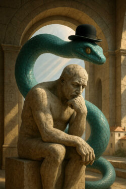 Eine massive steinerne Statue eines sitzenden Mannes ruht in einem antiken Innenhof. Eine große blaugrüne Schlange windet sich majestätisch über ihn, trägt einen schwarzen Bowlerhut und blickt mit goldener Pupille zur Seite. Das Licht fällt warm durch die Arkaden und beleuchtet ihre beiden Körper. Die Szene wirkt surreal, humorvoll und doch tief symbolisch.