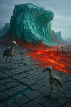 Vogelskelette wandern über eine rissige Ebene, durch die flüssiges Feuer leuchtet und sich wie glühende Flüsse ausbreitet. Im Hintergrund erhebt sich eine gewaltige Wand aus türkisfarbenem Gestein, fast wie eine erstarrte Welle. Die Luft wirkt kühl und schwer, während der Boden unter ihren Füßen zu leben scheint. Die Szenerie strahlt eine unheimliche stille Bedrohung aus.
