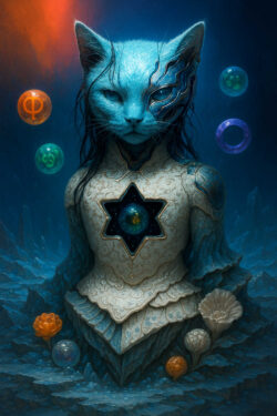 Eine katzenartige humanoide Gestalt, halb organisch, halb ornamentiert, blickt ruhig und weise nach vorn. In ihrer Brust schwebt eine kleine, planetenartige Kugel in einer sternförmigen Öffnung. Um sie herum schweben farbige Sphären mit Zeichen und Symbolen. Das Umfeld wirkt wie eine mineralische Traumlandschaft in tiefem Blau.
