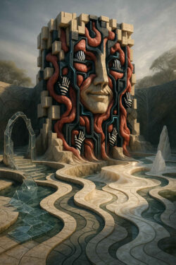 Ein massiver Steinkubus mit einem eingearbeiteten Gesicht ragt aus einer weitläufigen Anlage empor. Zwischen den ineinander verschlungenen roten Adern greifen schwarz-weiße Hände hervor. Der Boden ist von wellenförmigen, hellen Steinwegen durchzogen, die sich wie Wasserlinien ausbreiten. Die Atmosphäre ist träumerisch und erinnert an eine antike, fremde Kultstätte.