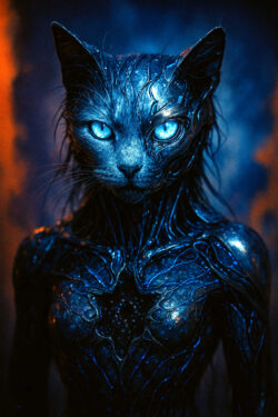 Eine dunkle, katzenähnliche Gestalt mit leuchtend blauen Augen erscheint wie aus einem Netz aus Adern und biolumineszenten Bahnen geformt. Ihr Körper ist glatt, glänzend und wirkt fast flüssig. Die Umgebung ist ein abstraktes Spiel aus Blautönen und glimmenden Reflexen. Die Figur strahlt zugleich Gefahr, Schönheit und eine geheimnisvolle Fremdheit aus.