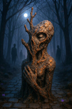 Eine felsenartige Gestalt steht auf einem gepflasterten Waldweg, der in bläulichen Nebel getaucht ist. Die Figur besitzt ein großes einzelnes Auge und verkrümmte, baumähnliche Auswüchse am Kopf. Im Hintergrund erscheinen schemenhafte humanoide Silhouetten, die reglos im Dunst stehen. Die Szene wirkt wie ein Moment zwischen Furcht, Einsamkeit und mystischem Erwachen.