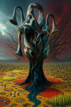 Eine bizarre Skulptur ragt in einer gelb-roten Landschaft empor, deren Boden mit geometrischen Mustern bedeckt ist. Die organisch wirkende Form trägt hornartige Auswüchse und fließt wie geschmolzenes Material nach unten. Im Hintergrund breiten sich verdrehte Pflanzen und ein dramatisch glühender Himmel aus. Alles erinnert an ein Wesen, das im Moment des Erwachens verharrt.