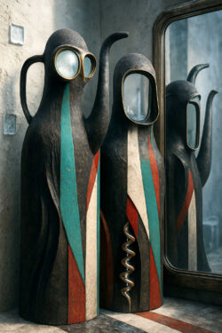 Zwei hohe, skulpturale Gefäße mit großen runden Brillen und farbigen geometrischen Streifen stehen nebeneinander. Ihre Formen wirken wie Wesen zwischen Keramik und Totem. Ein Spiegel verdoppelt ihre Erscheinung und verstärkt die mystische Stimmung. Die Szene erinnert an ein Treffen zwischen stillen Wächterfiguren.