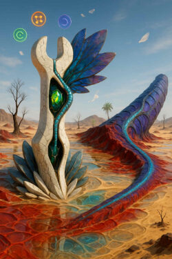 Ein aufragendes, organisch-technisches Gebilde mit gläsernen, blau-grünen Kernen steht inmitten einer farbigen Wüstenlandschaft. Hinter ihm windet sich ein langer, segmentierter Körper wie der Rücken eines gigantischen Wesens. Über der Szene schweben leuchtende, kreisförmige Symbole. Die stille Weite der Wüste wird durch die kunstvolle Struktur durchbrochen, als sei sie ein Tor zu verborgenen Energien.